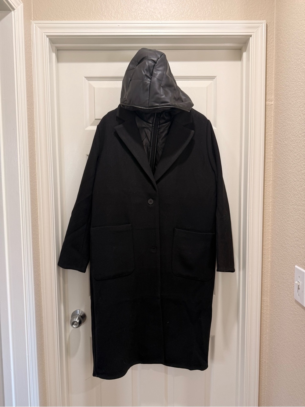 VENUS Black Long Trench Coat with Quilted Hood